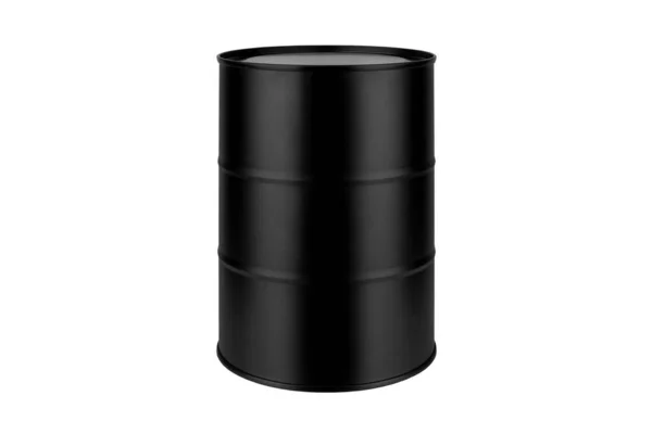 白の背景に黒の金属製のバレルを閉じ 油ドラム スチールケグ ブランククローズフード錫缶 アルミケース 石油貯蔵包装 燃料またはガソリン容器 缶商品テンプレート — ストック写真
