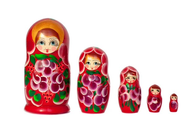 Matryoshka Ruská Panenka Suvenýr Skupině Jasně Červené Bílém Pozadí Izolované — Stock fotografie