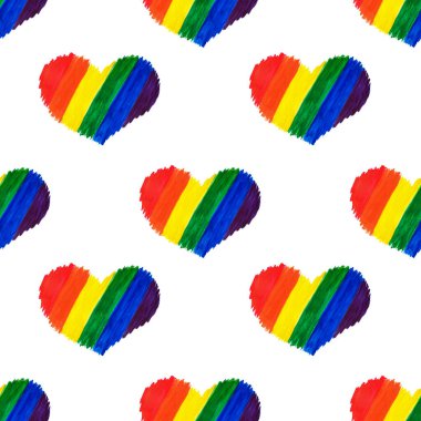 Beyaz zemin üzerinde LGBT gökkuşağı renginde el çizimi kalplerin kusursuz deseni izole edilmiş kapalı plan, LGBTQ topluluğu tekrar eden süs, lezbiyen, gay vs.