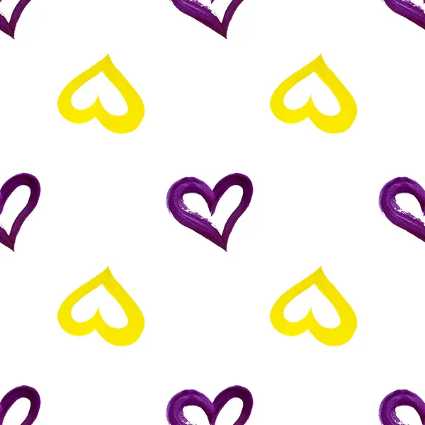 Бесшовный Узор Фиолетовый Желтый Руки Нарисованные Сердца Белом Фоне Изолированы — стоковое фото