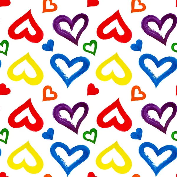 Nahtloses Muster Hand Gezeichnet Regenbogenfarben Herzen Auf Weißem Hintergrund Isoliert — Stockfoto