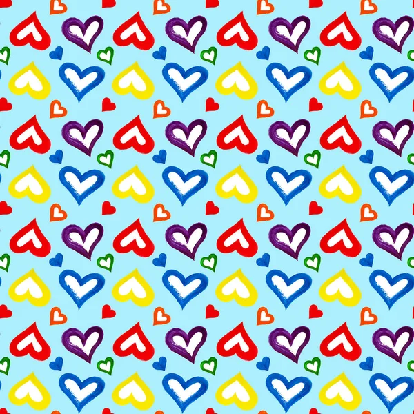 Seamless pattern hand drawn rainbow colors hearts on blue background isolated, colorful watercolor painted heart repeating ornament, love symbol, romantic trendy print, valentines or wedding wallpaper