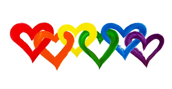 Gökkuşağı renkleri birbirine dolanmış kalpler beyaz zemin üzerinde kapalı kapalı, üst üste binen kalp LGBT bayrak rengi, el çizimi suluboya LGBTQ sembolü, lezbiyen, gay aşk işareti, sanat sınırı, tasarım ögesi