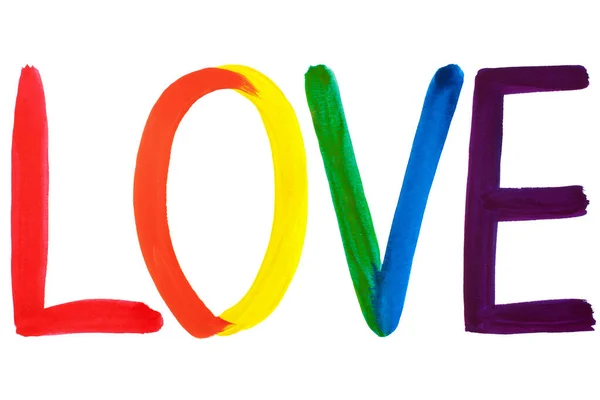 Handgezeichnetes Aquarell Wort Liebe Regenbogenfarben Auf Weißem Hintergrund Isoliert Nahaufnahme — Stockfoto