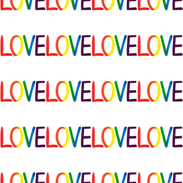 Nahtloses Musterwort Liebe Lgbt Regenbogenfahne Auf Weißem Hintergrund Isoliert Handgeschriebene — Stockfoto