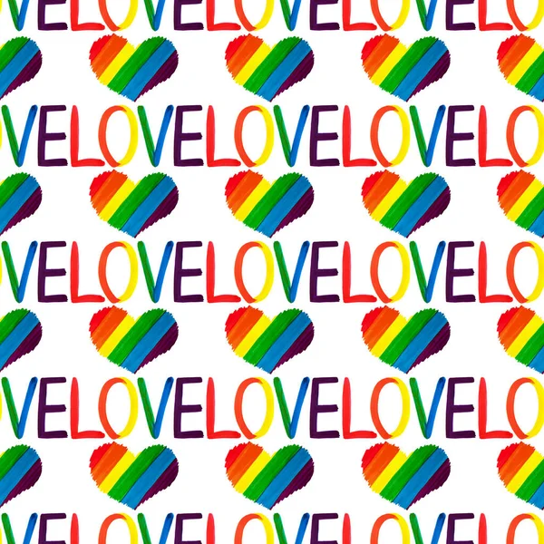 Nahtloses Muster Der Herzen Lgbt Regenbogenflagge Farben Und Handgeschriebene Wort — Stockfoto
