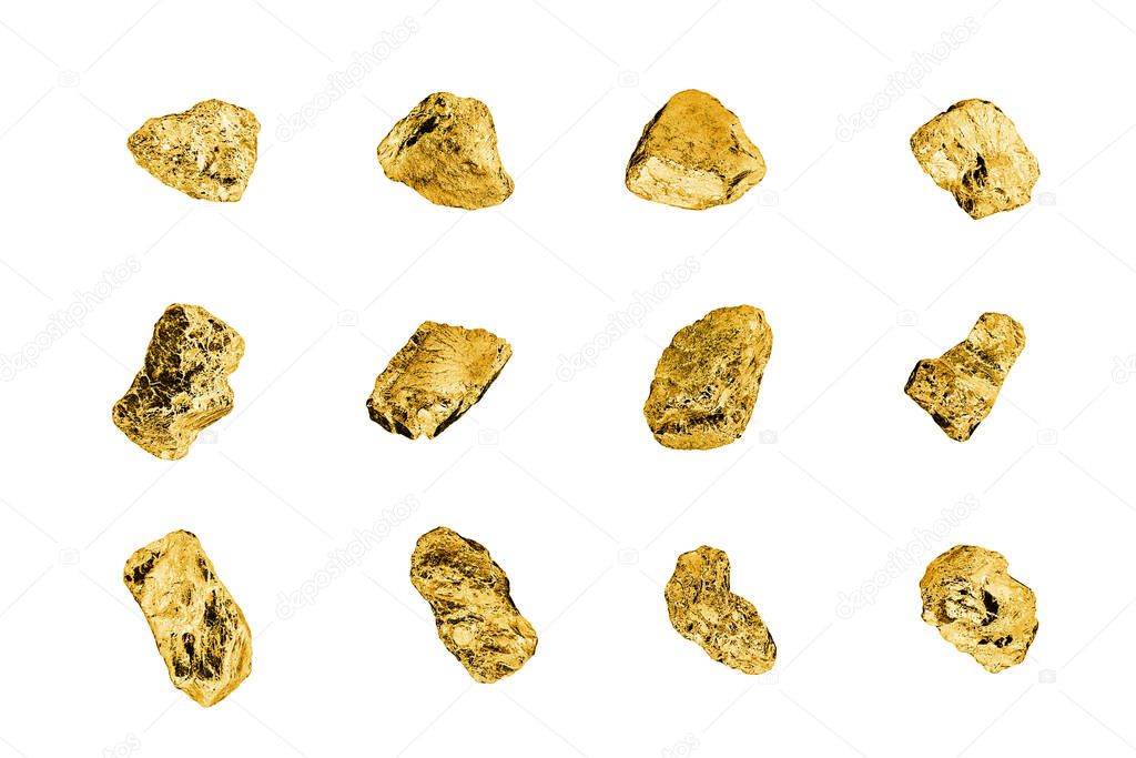Golden stones set on white background isolated close up, gold nuggets collection, yellow metal rocks samples texture, gold mine, gold ore, group of shiny golden lumps, rough natural mineral gold chunk