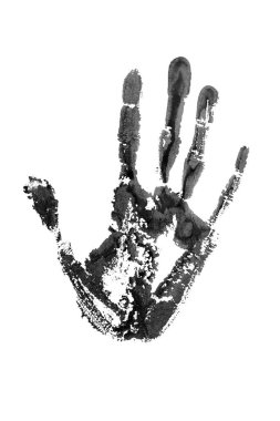 İnsan elinin siyah suluboya izi beyaz arka plan izole edilmiş yakın plan, el izi illüstrasyon, monokrom avuç içi ve parmaklar siluet izi, bir el şekli boyalı damga, çizim izi, işaret, sembol