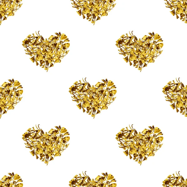 Безшовний Візерунок Золоте Серце Пелюсток Квітів Білому Тлі Ізольовані Золотий — стокове фото