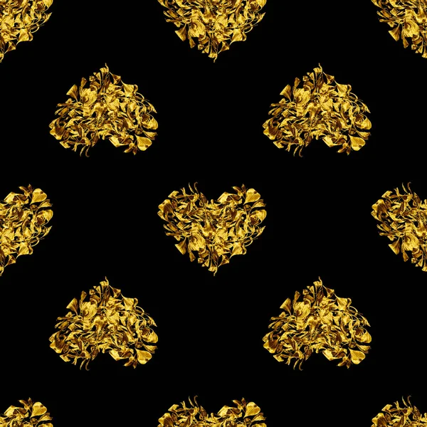 Nahtloses Muster Aus Goldenem Herzen Aus Blütenblättern Auf Schwarzem Hintergrund — Stockfoto