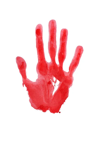 白い背景に人間の手の赤い水彩プリントを閉じ 手描きのイラスト カラフルな手のひらと指のシルエットのマーク 1つの手の形は スタンプを描いた サインを停止 印刷を描く — ストック写真