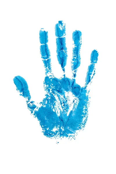 白の背景に人間の手の青水彩プリントを閉じ 手描きイラスト カラフルな手のひらと指のシルエットマーク 1つの手の形は スタンプを描いた サインを停止 印刷を描く — ストック写真
