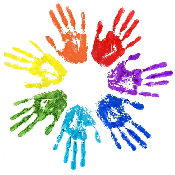 Rainbow Color Hands Print Circle White Background Isolated Closeup Colorful — Stok Foto