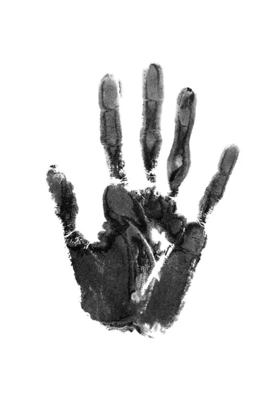 Black Watercolor Print Human Hand White Background Isolated Closeup Handprint — Stock Photo, Image