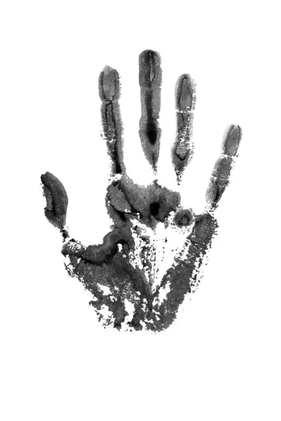 人間の手の黒水彩プリント白の背景隔離された閉鎖 手描きのイラスト モノクロの手のひらと指のシルエットのマーク 1つの手の形は スタンプを描いた 印刷物 サイン シンボルを描く — ストック写真