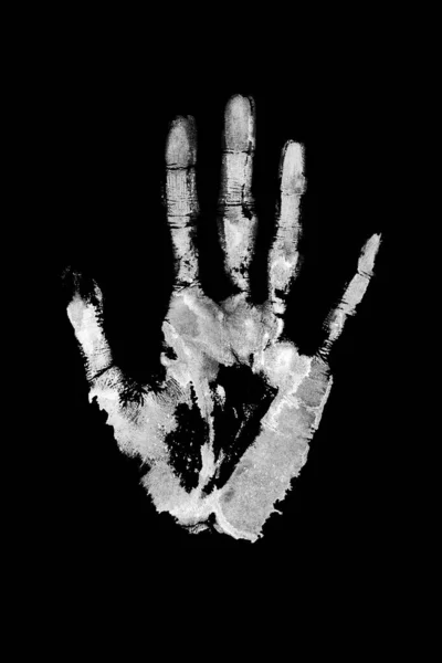 ホワイトプリントの人間の手の黒の背景を隔離されたクローズアップ 手描き水彩イラスト モノクロの手のひらと指のシルエットマーク 1つの手の形は スタンプを描いた 印刷物 サイン シンボルを描く — ストック写真