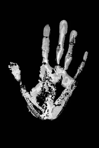 White Print Human Hand Black Background Isolated Closeup Handprint Watercolor — Stock Photo, Image