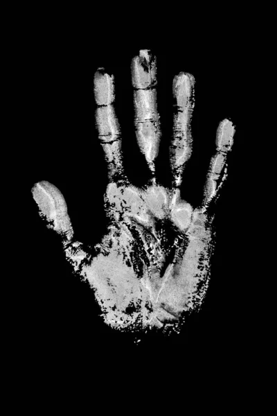 White Print Human Hand Black Background Isolated Closeup Handprint Watercolor — Stock Photo, Image