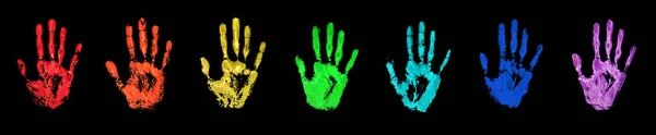 虹色の人間の手のプリントセット黒の背景隔離されたクローズアップ カラフルな水彩画描かれた手のイラストコレクション 手のひらと指のシルエット 手の形を描いたスタンプ インプリントグループ — ストック写真