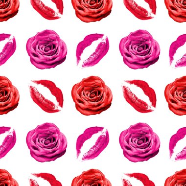 Kusursuz desenli kırmızı gül çiçeği ve beyaz arka planda pembe ruj izi, gül çiçekleri ve dudak makyaj damgası tekrarlayan süs, makyaj kağıdı, güzellik arkaplanı, moda afişi.