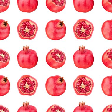 Beyaz zemin üzerinde pürüzsüz kırmızı nar deseni kapalı kapalı kapalı ve tohum ile nar kesme tekrarlayan süs, detoks diyet arka plan konsepti, antioksidan garnet meyve duvar kağıdı