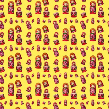 Sarı zemin üzerinde kusursuz bir matreshka ev bebeği deseni izole edilmiş, kırmızı matrioska süs duvar kağıdı, güzel matryoshka arkaplan, Rus ulusal sanat hatırası, geleneksel tarz dekor baskısı