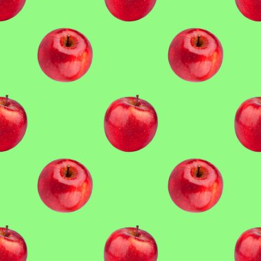 Yeşil zemin üzerinde kusursuz kırmızı elma deseni izole, parlak parlak parlak elma tekrarlayan süs, lezzetli sulu olgun meyve arkaplanı, doğal sağlıklı beslenme besin konsepti, renkli yaz duvar kağıdı
