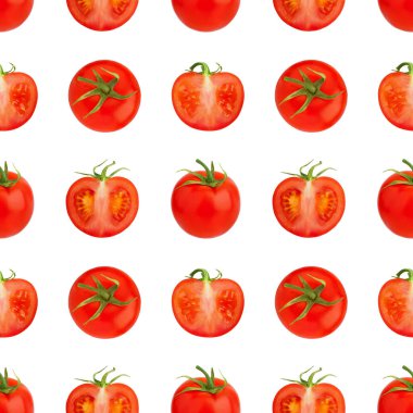 Beyaz zemin üzerinde pürüzsüz kırmızı domates deseni izole edilmiş yakın plan, kesim ve tüm vişneli domates yinelenen süs, taze sebze sanat duvar kağıdı, sağlıklı doğal gıda konsepti, modaya uygun baskı tasarımı