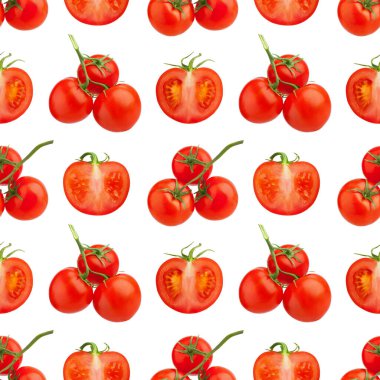 Beyaz zemin üzerinde pürüzsüz kırmızı domates deseni izole edilmiş yakın plan, kesim ve tüm vişneli domates yinelenen süs, taze sebze sanat duvar kağıdı, sağlıklı doğal gıda konsepti, modaya uygun baskı tasarımı