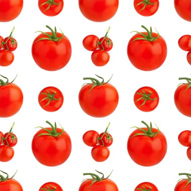 Beyaz zemin üzerinde kusursuz kırmızı domates deseni izole edilmiş yakın plan, tüm vişneli domates demeti yinelenen süs, taze sebze sanat duvar kağıdı, sağlıklı doğal gıda konsepti, modaya uygun baskı tasarımı