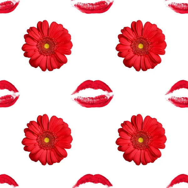 赤いガーベラの花と口紅のキスプリントのシームレスなパターン白の背景に孤立した デイジーの花と唇のメイクスタンプは 装飾を繰り返し 壁紙を構成し 美しさの背景 ファッションバナー — ストック写真
