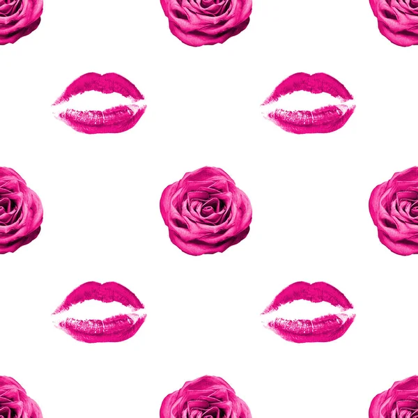 Бесшовный Узор Розовый Цветок Розы Помады Поцелуй Отпечаток Белом Фоне — стоковое фото