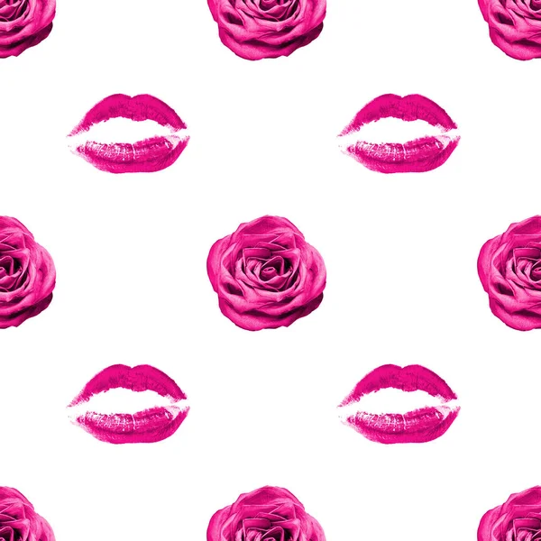 Naadloos Patroon Van Roze Roos Bloem Lippenstift Kus Print Witte — Stockfoto