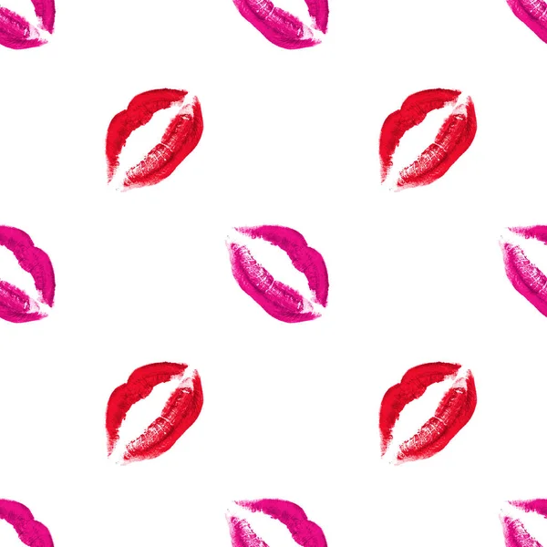 Seamless Pattern Red Pink Lipstick Kiss Print White Background Isolated — Stock Photo, Image