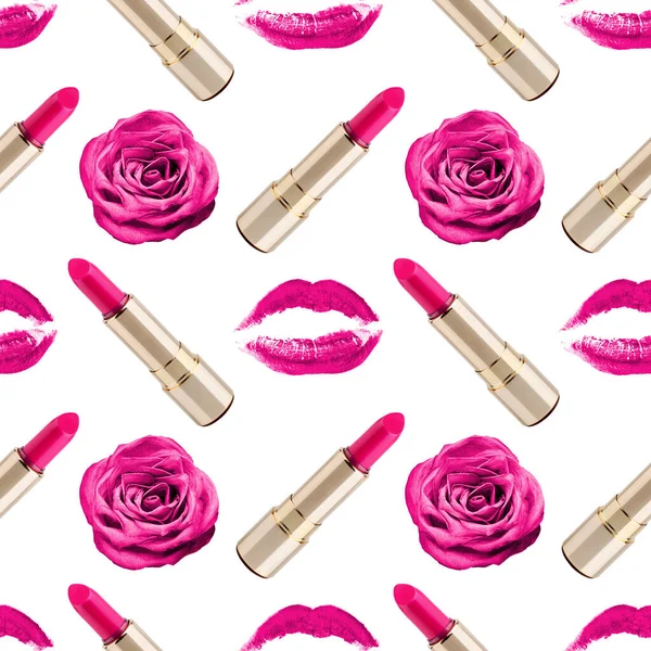 Seamless pattern pink kiss print, lipstick, rosa flower white background isolated, roses flowers, golden lipsticks, lips makeup stamp repeating ornament, make up cosmetics wallpaper, beauty backdrop