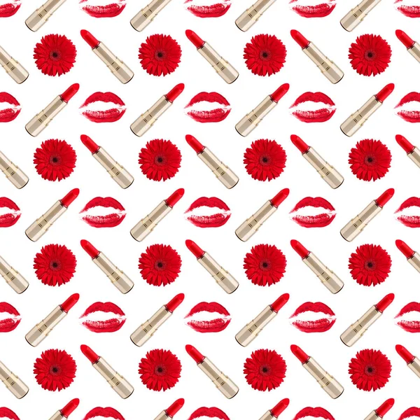 Seamless pattern red kiss print, lipstick, gerbera flower white background isolated, daisy flowers, golden lipsticks, lips makeup stamp repeating ornament, fashion cosmetics wallpaper, beauty backdrop