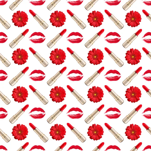 Naadloos Patroon Rode Kus Print Lipstick Gerbera Bloem Witte Achtergrond — Stockfoto