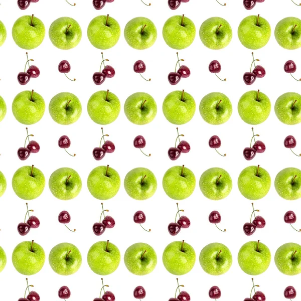 Bezešvé Vzor Svěží Zelená Jablka Červené Třešňové Bobule Řadě Izolované — Stock fotografie