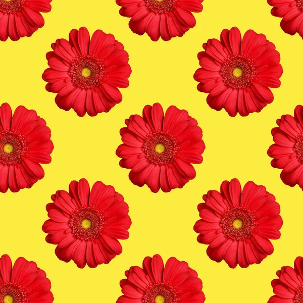 Seamless pattern of red gerbera flowers on yellow background isolated, bright orange daisy flower repeating ornament, beautiful summer vibrant color floral wallpaper, vivid decorative print backdrop