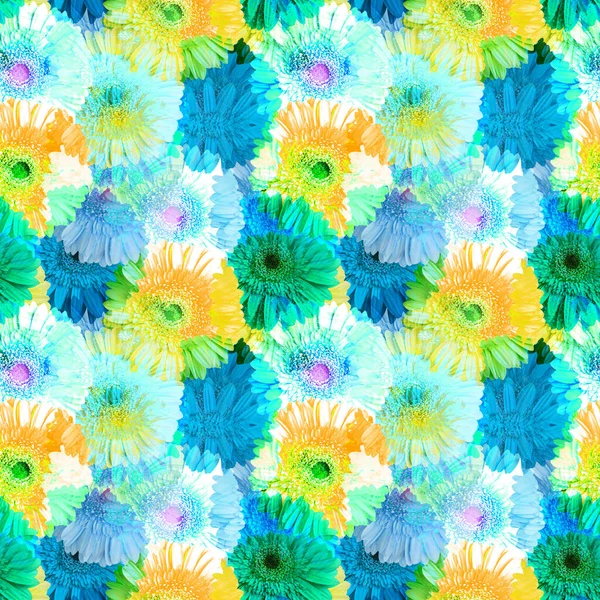 青と黄色のガーベラの花のシームレスなパターン 鮮やかな夏のデイジーの花の装飾 抽象的なガーバーの花の質感 アート壁紙 活気のあるファンタジー装飾的な背景 トレンディーなファッションプリントデザイン — ストック写真