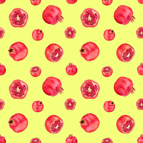 无缝隙的红色石榴图案 黄底孤立 整切石榴 种子复用饰品 明亮的夏季背景 石榴果艺术墙纸 流行的印花设计 — 图库照片
