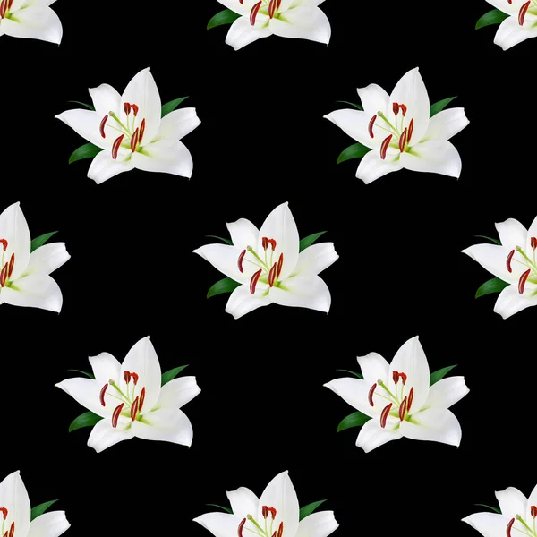 黒の背景に白いユリの花のシームレスなパターンを閉じ ユリの花を繰り返し装飾を咲かせ ユリのトレンディーなプリント ユリの花の背景 エレガントなデザイン 花の壁紙 — ストック写真
