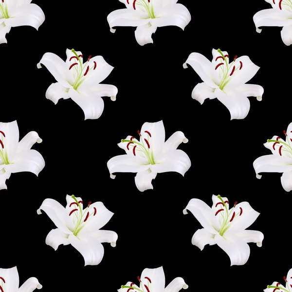 黒の背景に白いユリの花のシームレスなパターンを閉じ ユリの花を繰り返し装飾を咲かせ ユリのトレンディーなプリント ユリの花の背景 エレガントなデザイン 花の壁紙 — ストック写真