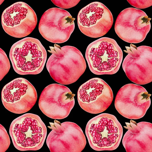 Seamless Pattern Red Pomegranates Black Background Isolated Close Whole Cut — Stock Photo, Image