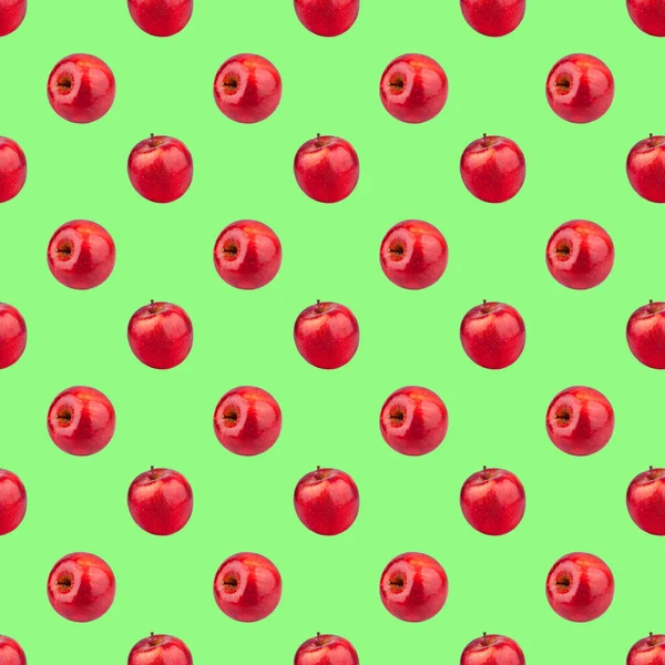 Seamless Pattern Fresh Red Apples Green Background Isolated Bright Shiny — Stock Photo, Image