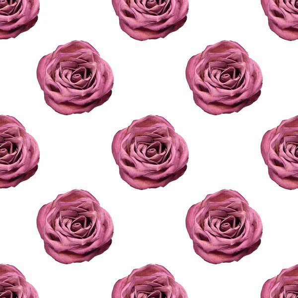 白を背景にピンクのバラの花のシームレスなパターンを閉じ バーガンディのバラの装飾を繰り返し 赤の花のトレンディーなプリントデザイン 紫の花のアートの背景 ロマンチックなヴィンテージの壁紙 — ストック写真