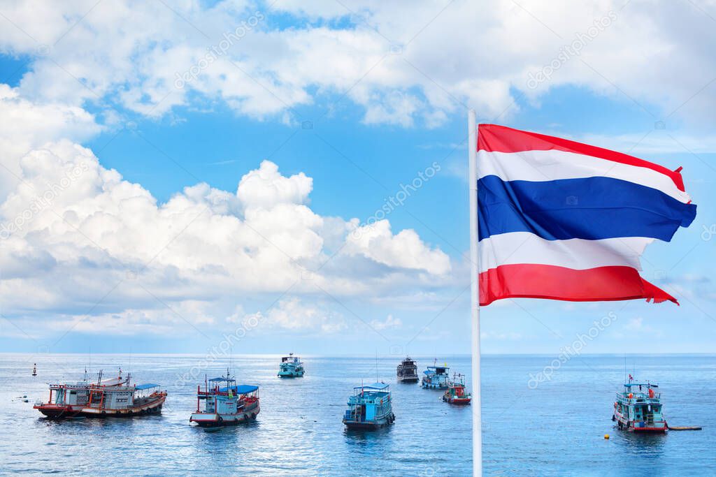 The Kingdom of Thailand flag, sea port, boats, ships, sky, clouds beautiful background, flag on pole waves on wind, state independence symbol, Thai national sign, red, white, blue color stripes banner