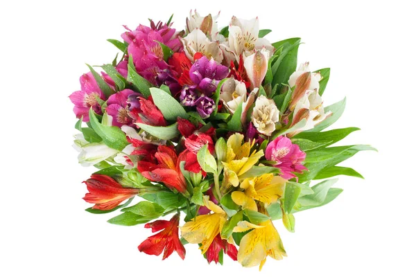 Bunte Alstroemeria Blumen Rundes Bukett Auf Weißem Hintergrund Isolierte Nahaufnahme — Stockfoto