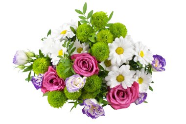 Kırmızı gül buketi, beyaz papatya çiçekleri, yeşil yapraklar, kapalı arkaplan, takvim düzeni, tebrik kartı, pankart, düğün için poster tasarımı, kadınlar için sevgililer günü üst görünümü