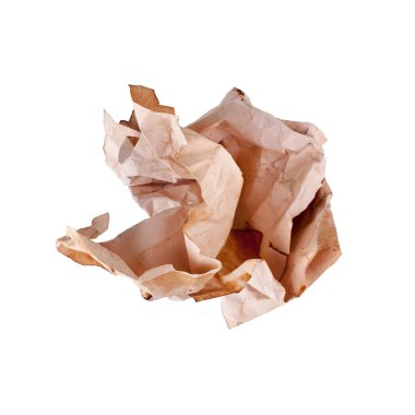 Beyaz zemin üzerinde buruşuk kahverengi kağıt top yakın izole, kirli kullanılmış kağıt, yanmış lekeli desen dokusu, çöp geri dönüşüm konsepti, çöp tasarım elementi